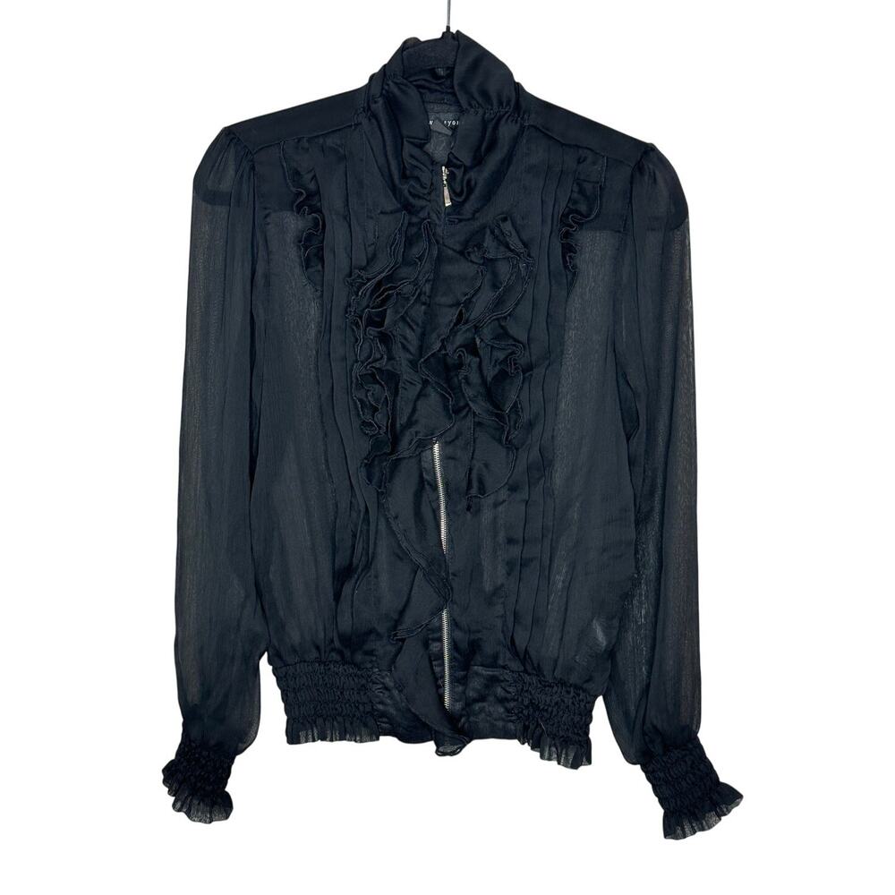 Twenty One by Forever 21 Black Ruffle Zip Up Bomber Blouse Top Women's Large EUC
